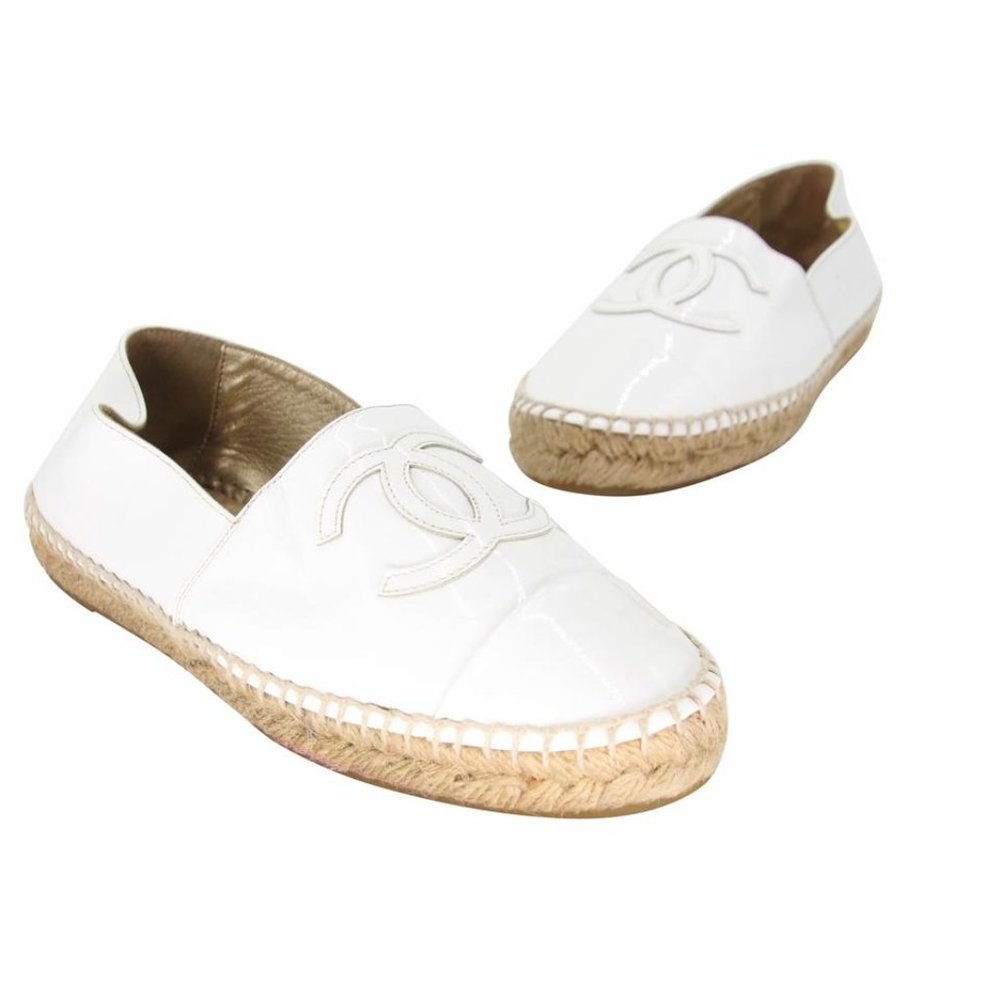 Chanel White Lambskin Patent Leather Espadrille Flats